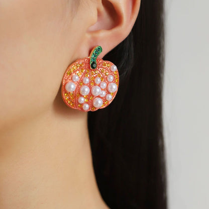 Creative Halloween Pumpkin Earrings with Faux Pearl and Zirconia Accent - Stylish and Versatile Alloy Design for Effortless Fashion