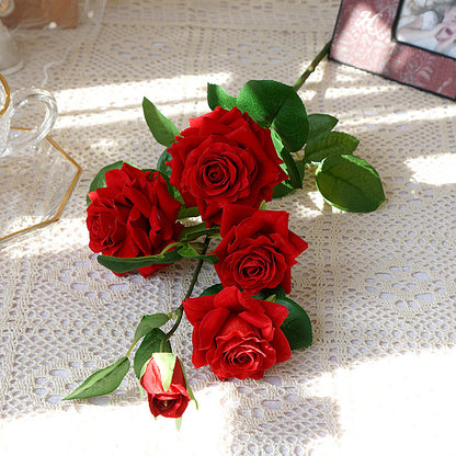 Vibrant Red Velvet Long-Stemmed Faux Roses - 5 Stunning Artificial Floral Stems for Home Decor, Photography, and Wedding Decorations