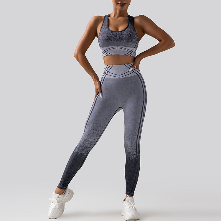 Gradient Yoga Outfit Set High Waisted Butt Lifting Leggings with Shockproof Sports Bra for Running and Fitness