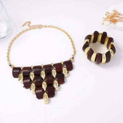 Unique Geometric 3D Wooden CCB Interlocking Triangle Pendant Necklace and Bracelet Set – Stylish, Handmade Jewelry for a Modern Look