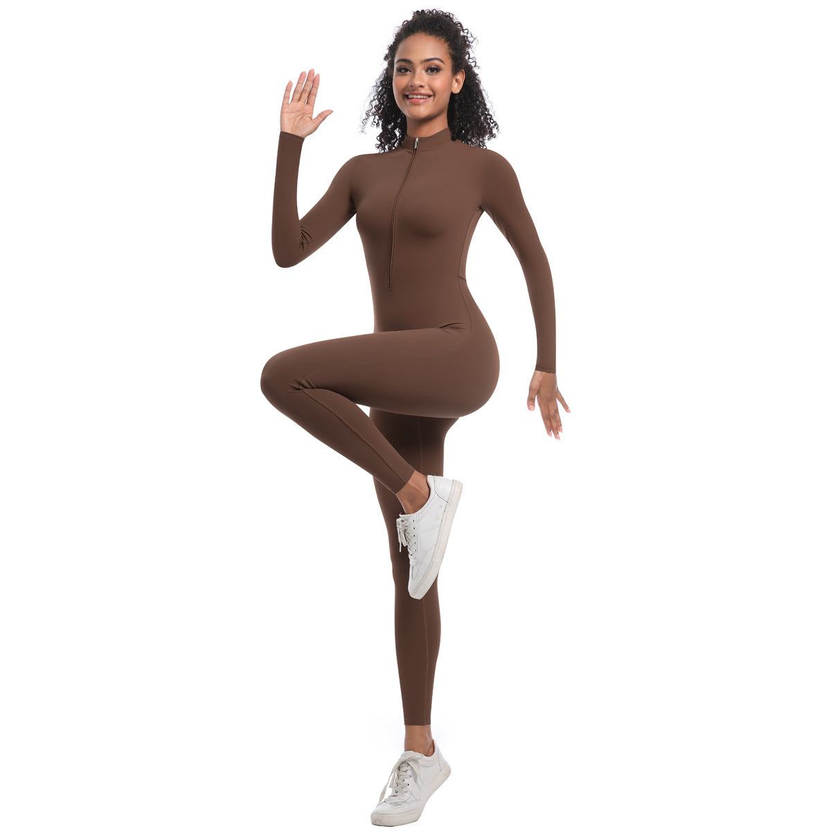 Half Zip Fitted Solid Color High Stretch Long Yoga Jumpsuit for Fitness Running and Active Sports