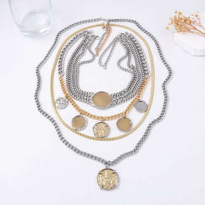 Chic Personalized Luxury Multi-Layer Alloy Chain Necklace with Geometric Badge and Coin Pendant - Modern Statement Jewelry for Unique Style