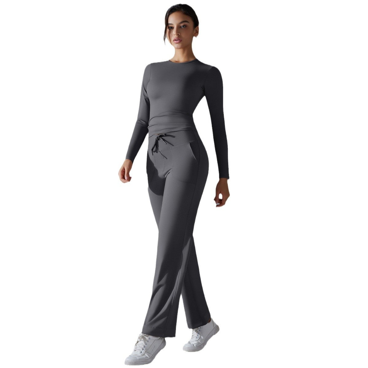 Ultra Comfortable Long Sleeve Yoga Set with Pockets High Performance Workout Gear and Adjustable Wide Leg Pants for Intense Fitness and Running