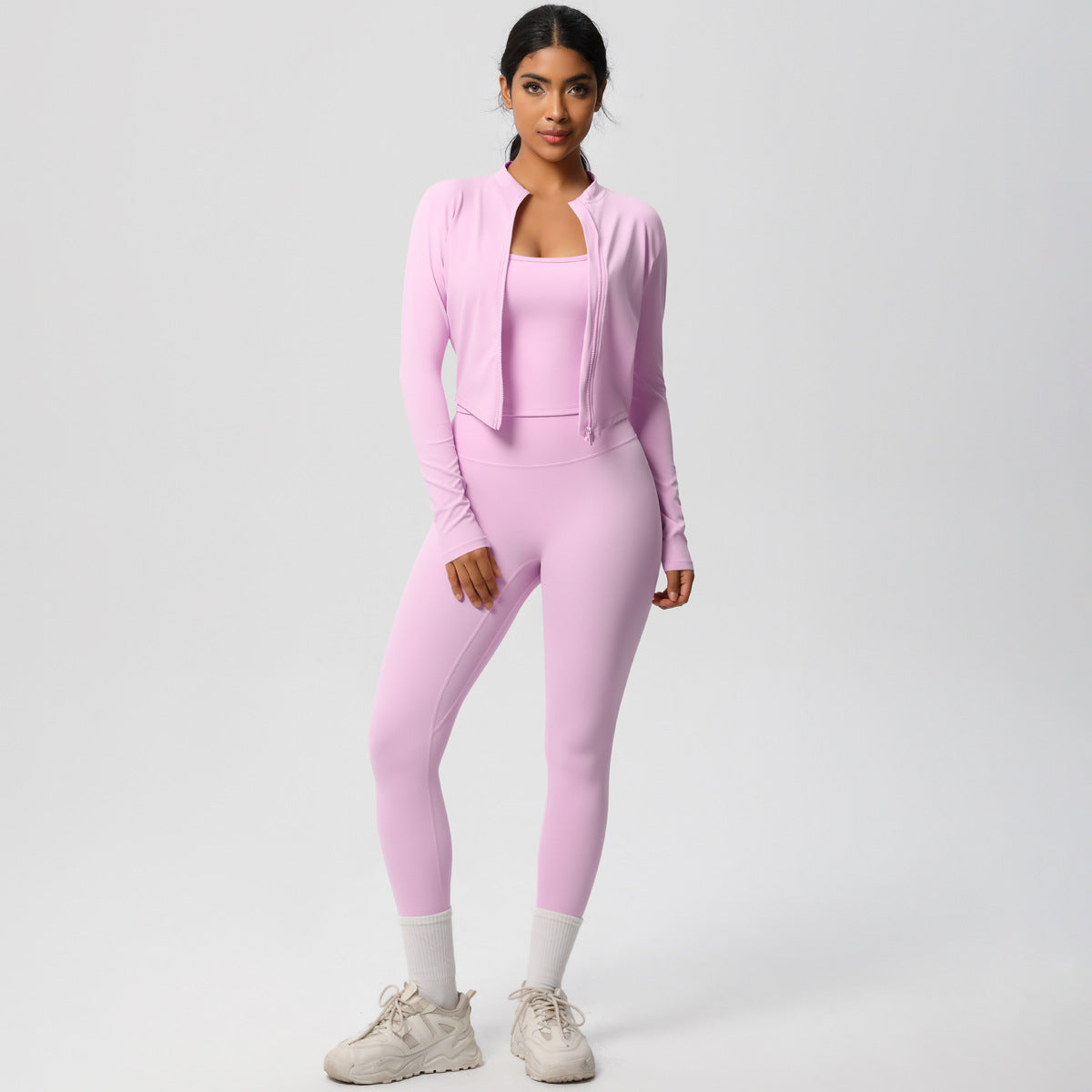 Solid Color Fleece Lined Long Sleeve Yoga Set Quick Dry Butt Lifting 3 Piece Workout Ensemble for Running and Gym Fitness