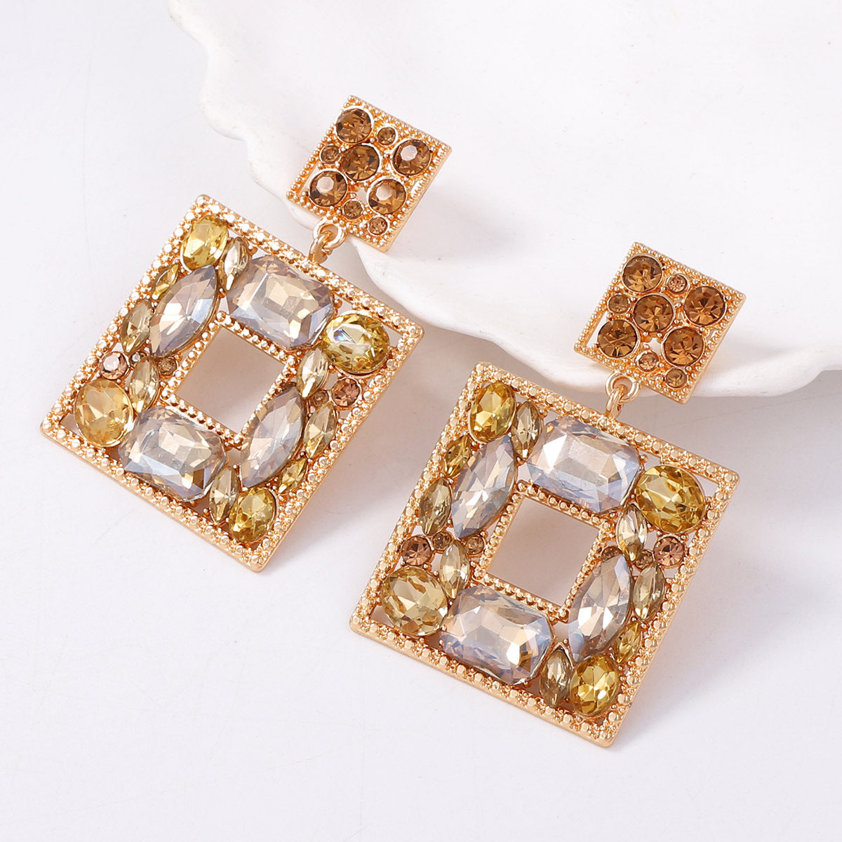 Stunning  Geometric Square Alloy Earrings with Colorful Rhinestones - Luxe, Bold, and Unique Design for a Striking Look