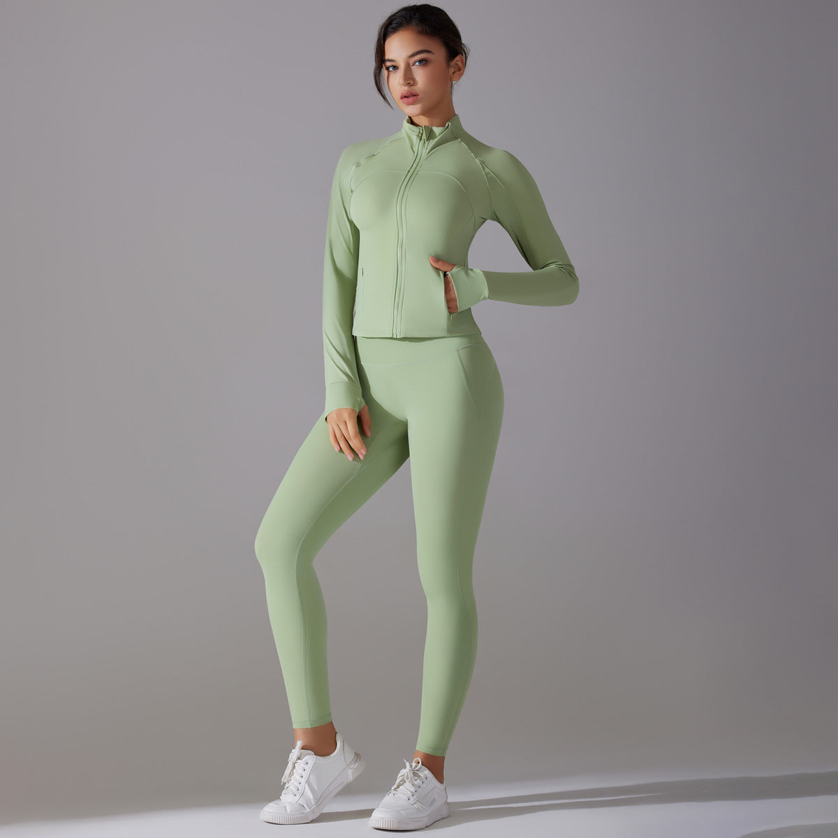 Solid Color Antibacterial Zipper Jacket and Yoga Pants Set for Comfort in Running and Fitness Two Piece Athletic Wear