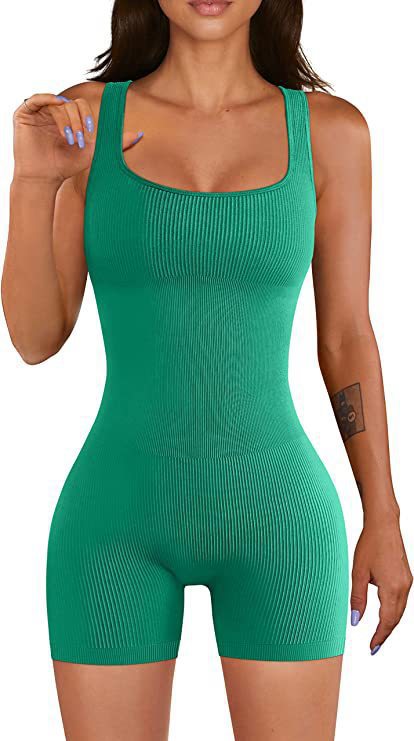 Seamless Ribbed V Back Yoga Jumpsuit Women's Sleeveless Bodysuit for Outdoor Fitness Activewear and Comfort