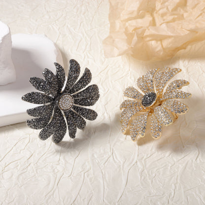 Exquisite High-End Design Oversized Floral Statement Ring with Sparkling Rhinestones for Women - Fashionable Alloy Open Floral Statement Piece