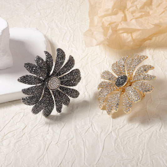 Exquisite High-End Design Oversized Floral Statement Ring with Sparkling Rhinestones for Women - Fashionable Alloy Open Floral Statement Piece