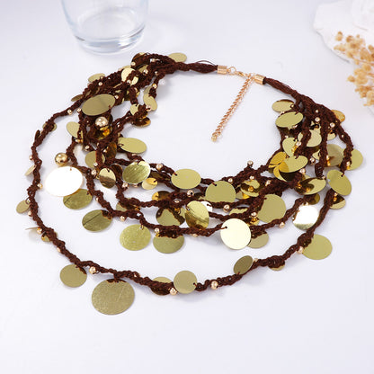 Chic Luxury Geometric Waterfall Design Multi-Layer Beaded Necklace with Dazzling Circular Pendant – Elevate Your Style with Sophisticated Elegance!