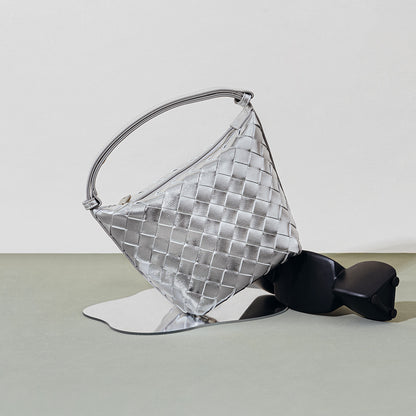 Chic Woven Lunch Box Bag Unique Silver Bucket Bag with Spacious Capacity Genuine Leather Tote for Women