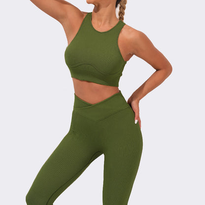 Fall 2023 Women's Ribbed Yoga Set with Strappy Back Sports Tank Top Cross Design Ribbed Yoga Pants for Comfort and Style in Your Workout