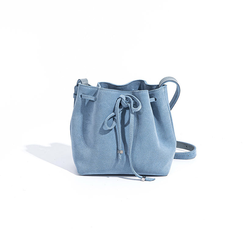 Chic Vintage Leather Women's Bucket Bag with Bow Design Korean Style Suede Texture Underarm Shoulder Bag