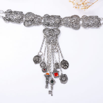 Bohemian Vintage-Inspired Antique Silver Alloy Statement Necklace with Geometric Tassels - Unique Tribal Design for Women