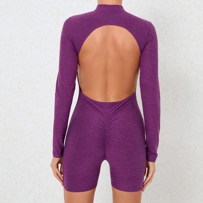 Chic Open Collar Zipper Back Long Sleeve Bodysuit Dance Fitness and Yoga Outfit for Women Form Fitting and Activewear