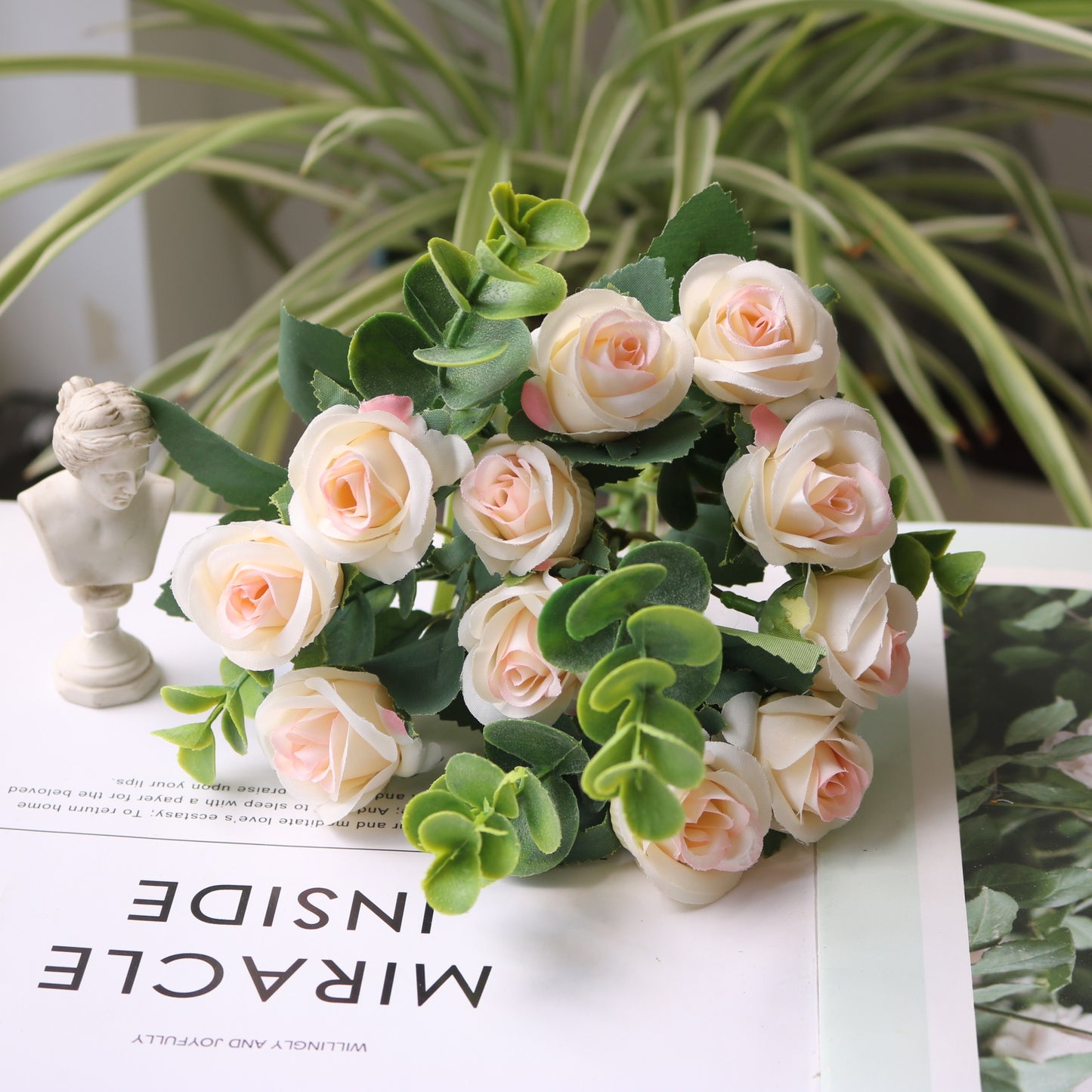 Beautiful Faux Eucalyptus Bouquet with 11 Realistic Mini Roses - Perfect for Weddings, Home Decor, and Event Centerpieces