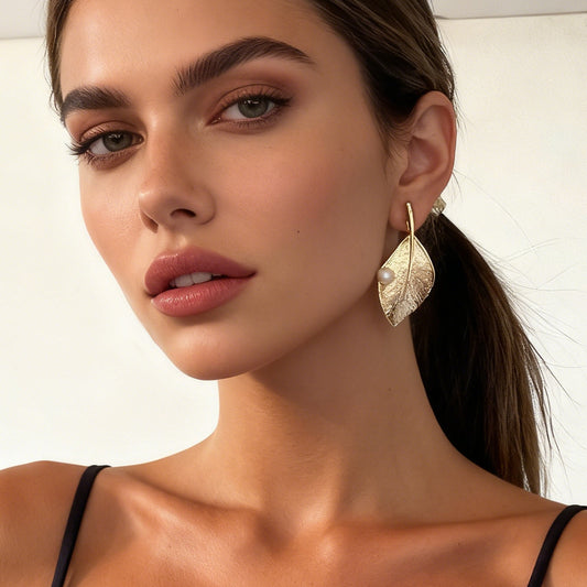 Chic Lightweight Alloy Leaf Stud Earrings with Faux Pearls - Elegant and Versatile Jewelry for Women