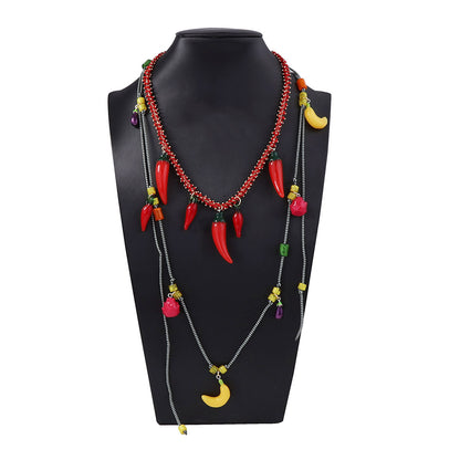 Bold Ocean-Inspired Red Chain Chili Pepper Pendant Necklace - Double Layered Fruit Charm for Trendy Statement Style