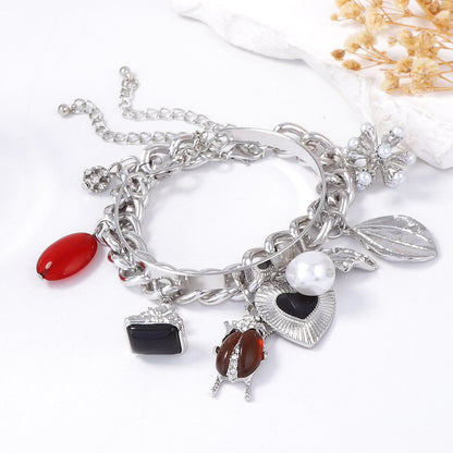 Unique Vintage-Inspired Double Layer Heart and Insect Pendant Chain Bracelet - Versatile Casual Accessory for Any Occasion