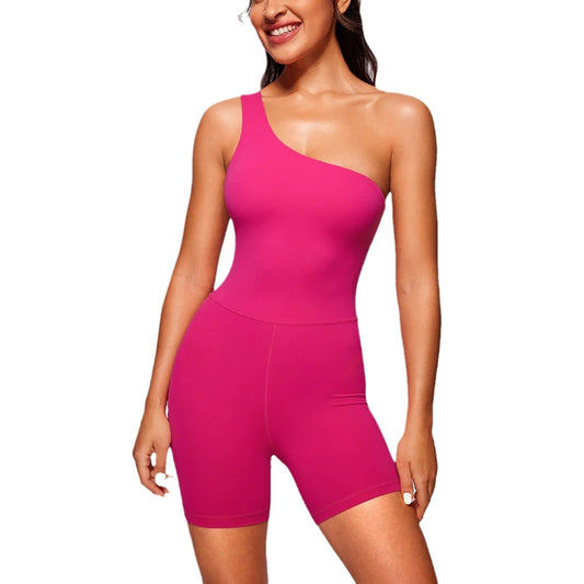 Women's One Piece Yoga Romper with Asymmetrical Shoulder Built In Bra and Comfortable Shorts for Running Fitness and Workout