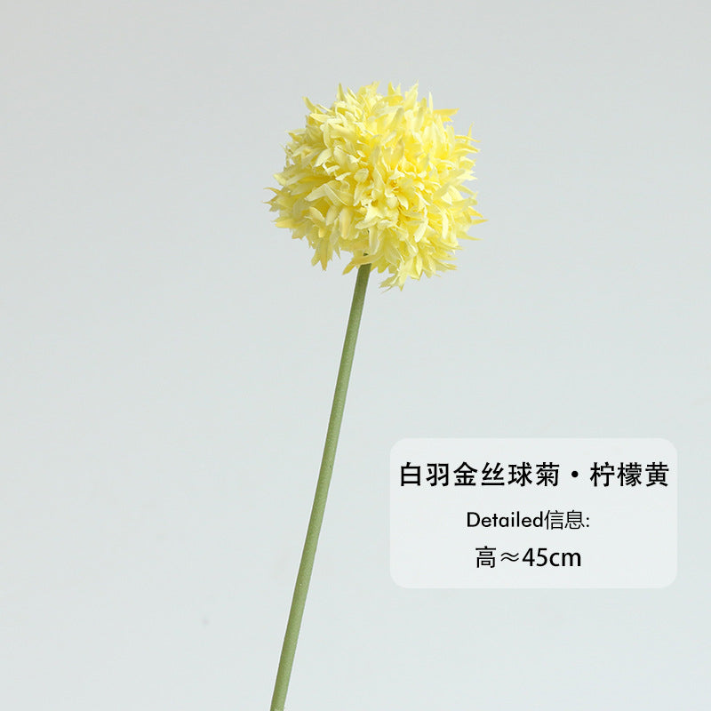 Realistic Miniature Single Stem Balls of Chrysanthemum - Golden Wire Ping Pong Flower - Perfect Indoor Table Decoration and Photography Prop for Elegant Home Interiors