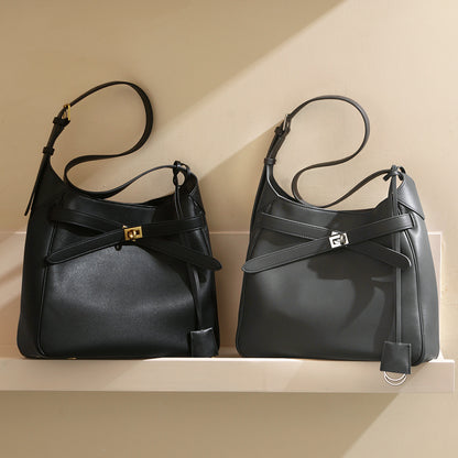 Imported Leather Locking Tote Bag Versatile Commuter Shoulder Bag for Women Spacious High Quality Genuine Leather Crossbody with Elegant Design