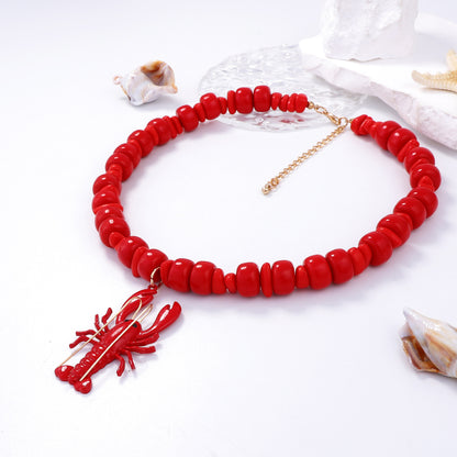 Stylish Minimalist Beach Ocean Vacation Alloy Spray Paint Lobster Pendant Beaded Necklace for Women – Perfect Accessory for Any Outfit