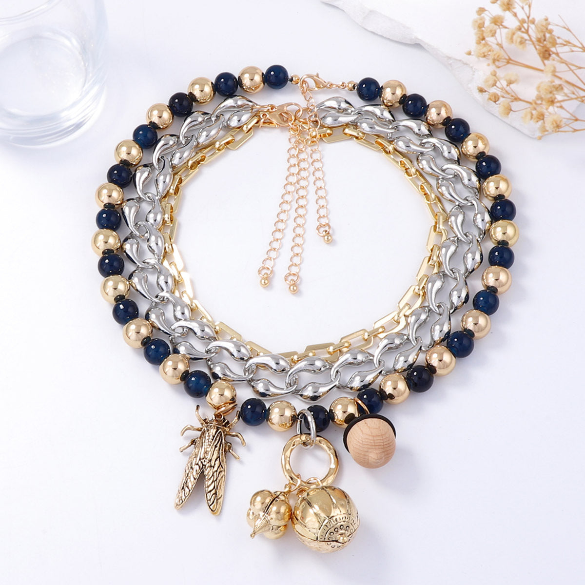 Bohemian Multi-Layered Charm Necklace featuring Unique Chain, Colorful Glass Beads, and Alloy Insect Pendant – Perfect for Casual Wear and Fashion Statements