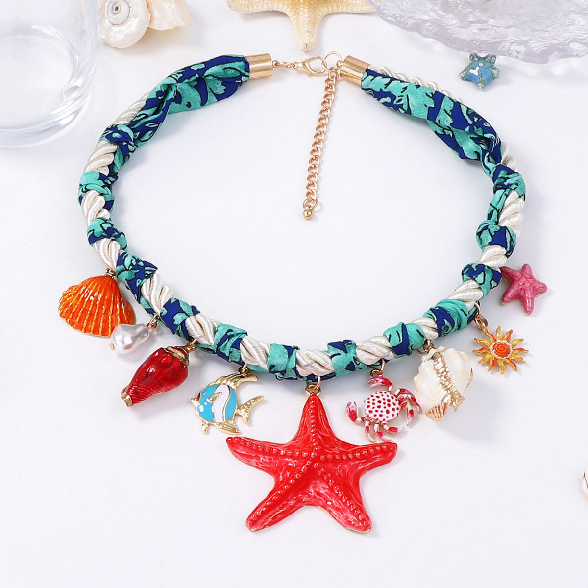 Coastal Charm Alloy Drip Oil Sea Star Shell Fish Print Crab Pendant Braided Necklace – Perfect Nautical Jewelry for Beach Lovers