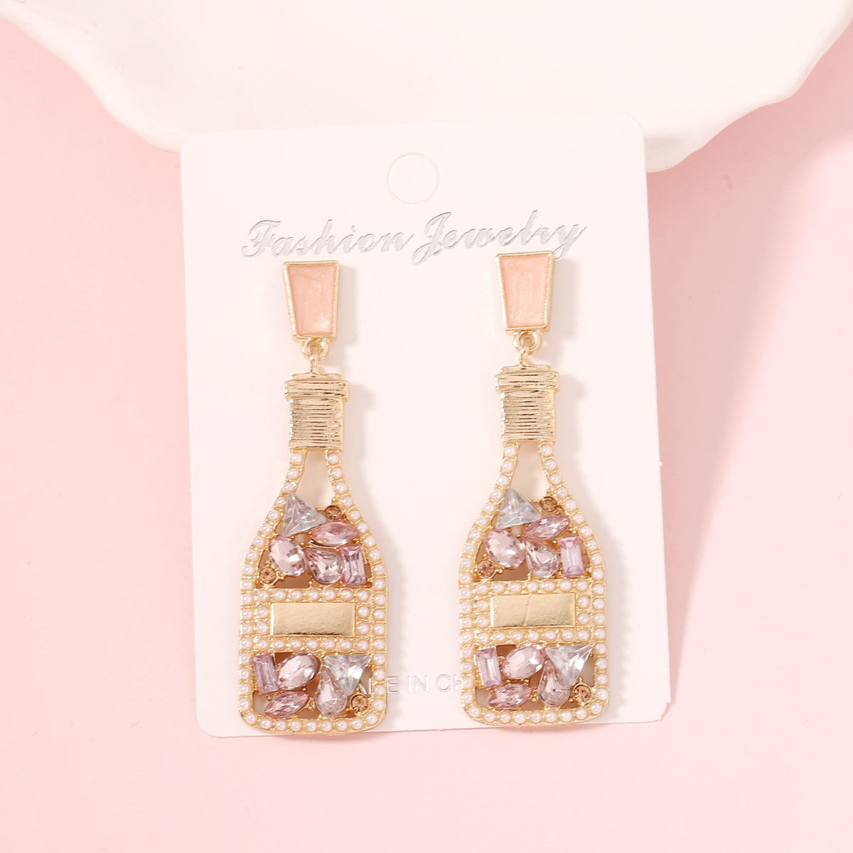 Elegant Resort-Inspired Versatile Earrings with Rhinestone-Embellished Pearl-Inspired Perfume Bottle Design