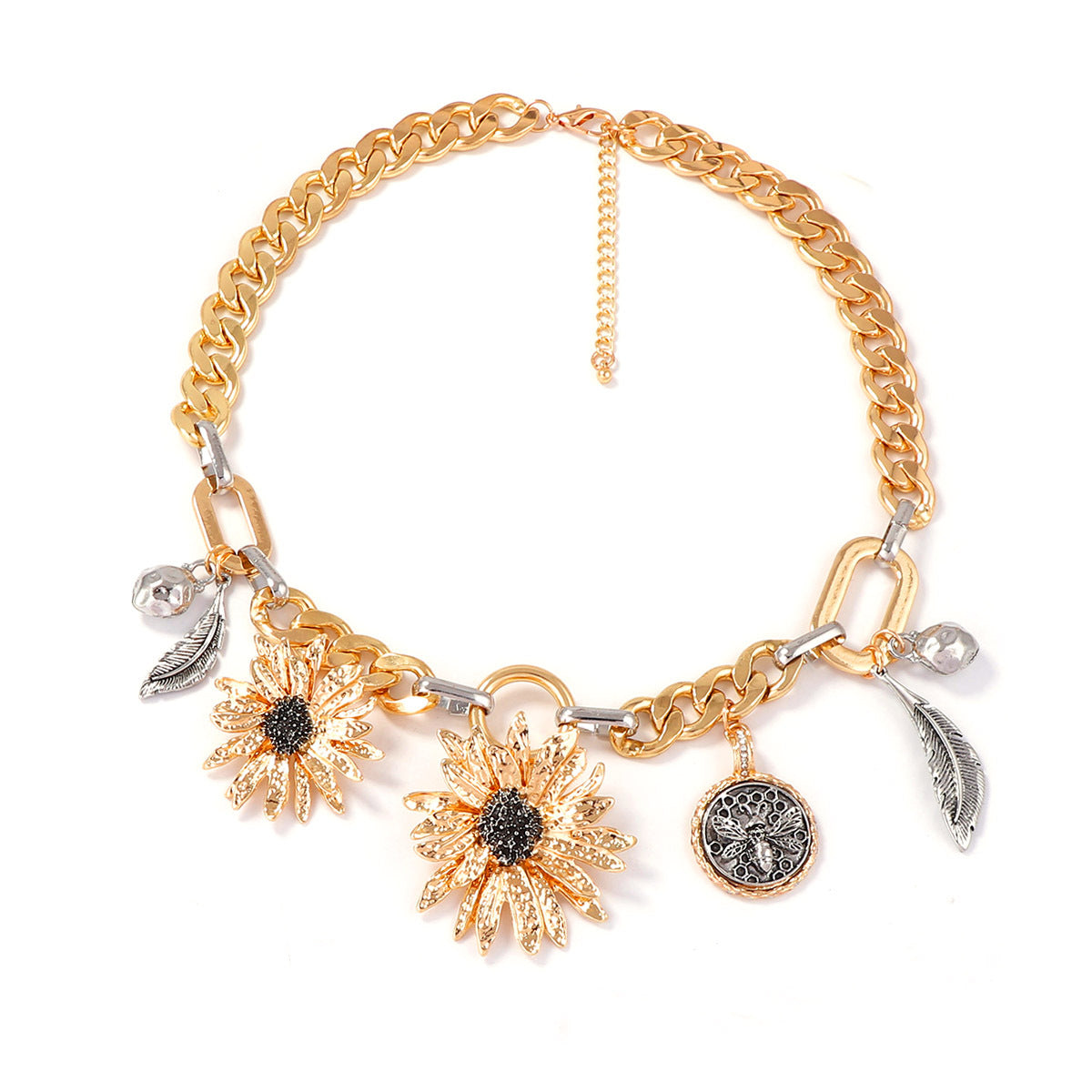 Exquisite and Unique High-End Alloy Pendant Necklace with Bold Sunflower Leaf Design – Perfect Statement Jewelry for Women