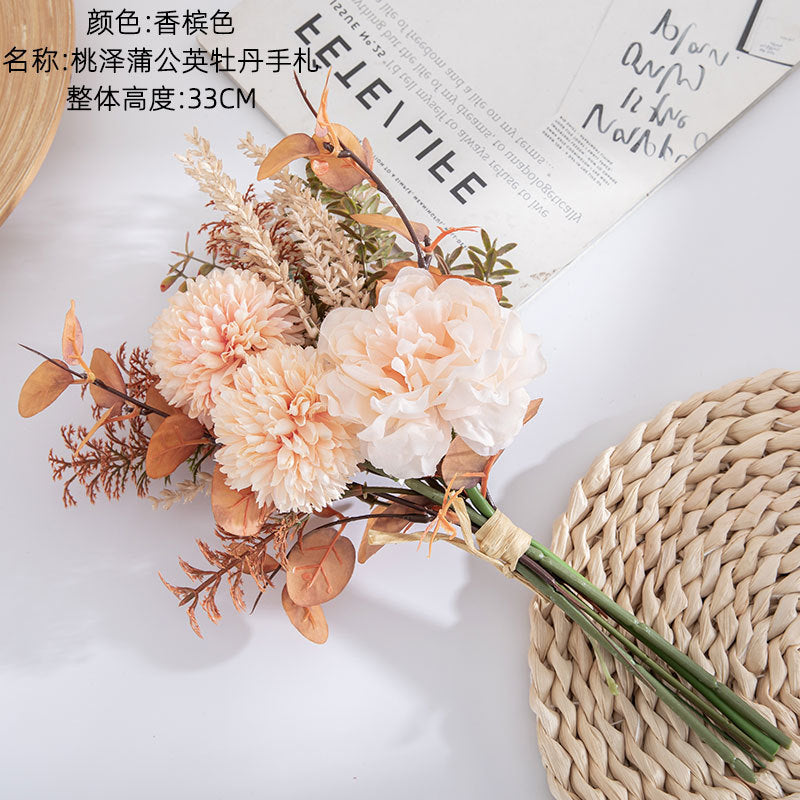 Peach Blossom & Dandelion Peony Handcrafted Faux Flower Bouquet - Stunning Wedding Décor, Wall Art, and Home Accent - Versatile CF01220 Design