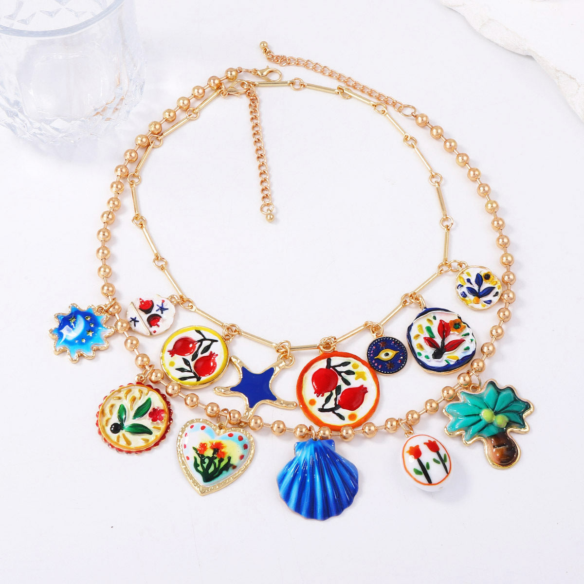 Stylish Alloy Floral Print Pendant Necklace with Double Chain - Unique Colorful Flower Design for Women's Casual Wear