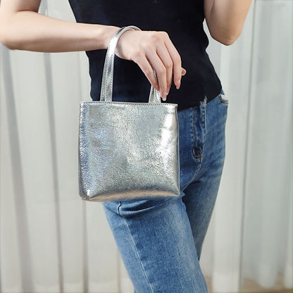 Elegant Minimalist Genuine Leather Handbag with Silver Chain Versatile Crossbody Small Square Soft Leather Purse