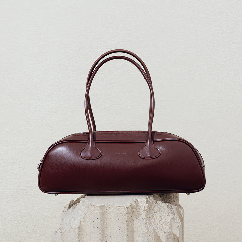 Chic Korean Style Vintage Bowling Bag Versatile Genuine Leather Shoulder and Underarm Bag with Spacious Capacity for Every Occasion