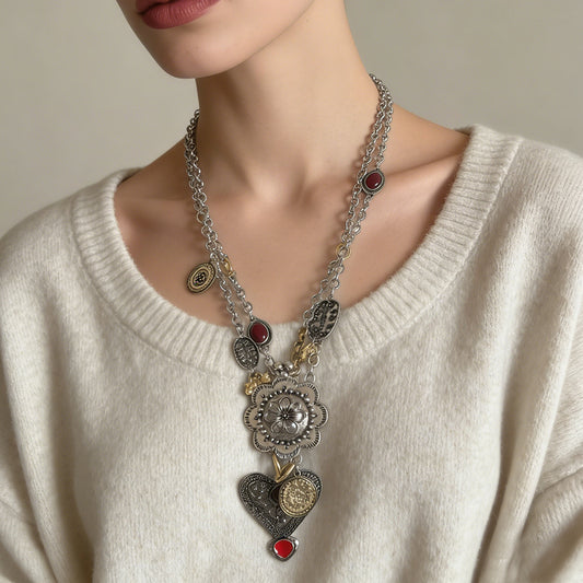 Stunning Vintage-Inspired Alloy Silver Floral Heart Pendant Necklace - Unique Double Layer Design for a Bold Statement
