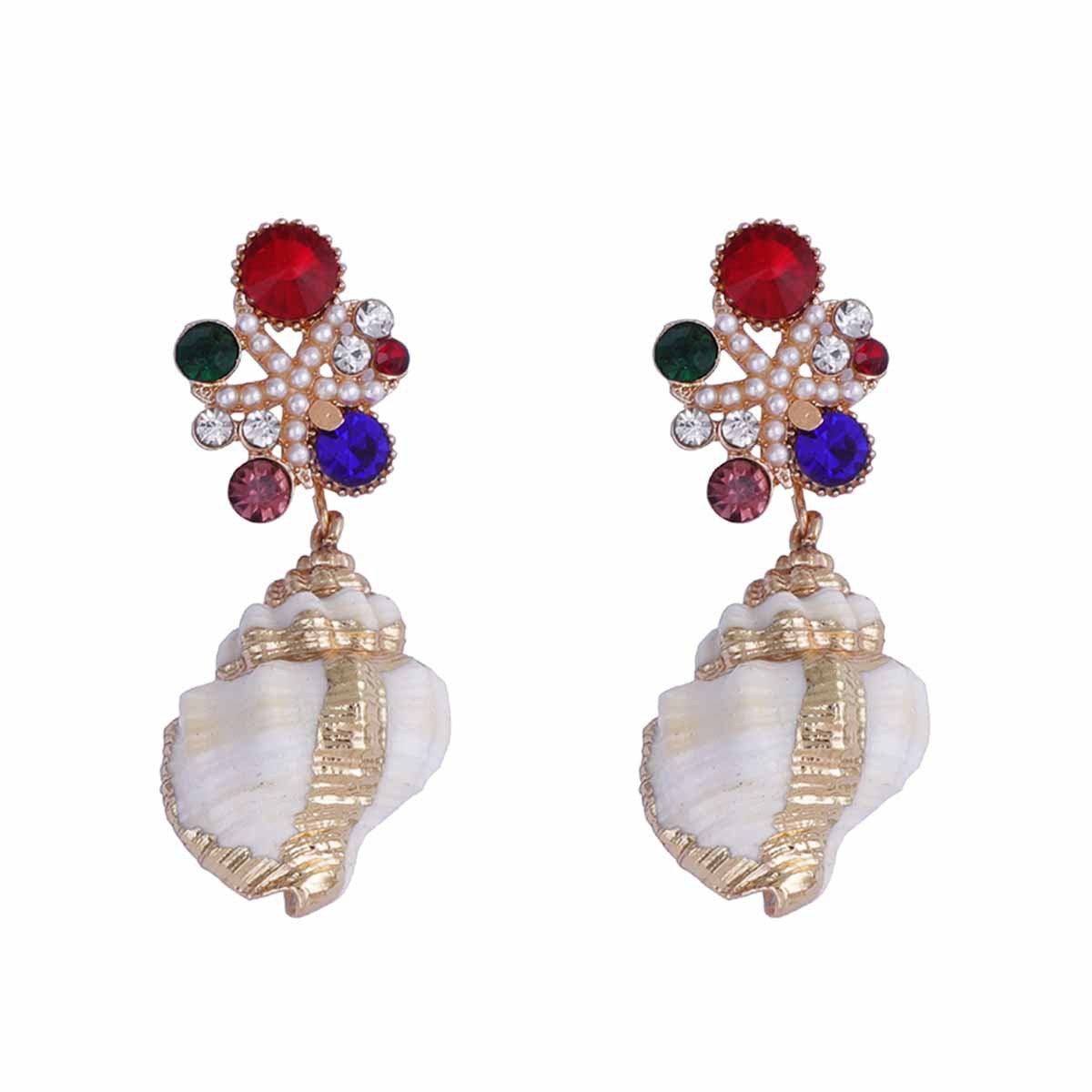 Exquisite High-End Zirconia Inlaid Faux Pearl Flower Conch Shell Pendant Earrings – Perfect for Ocean-Inspired Leisure and Vacation Style