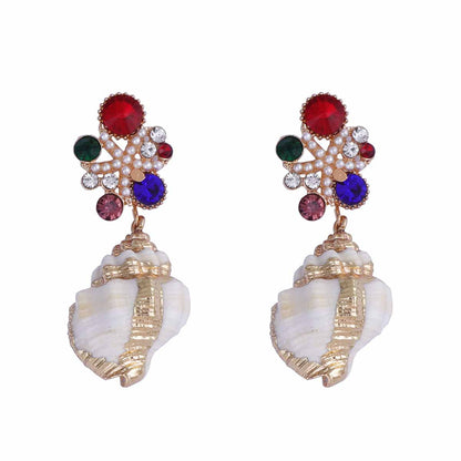 Exquisite High-End Zirconia Inlaid Faux Pearl Flower Conch Shell Pendant Earrings – Perfect for Ocean-Inspired Leisure and Vacation Style
