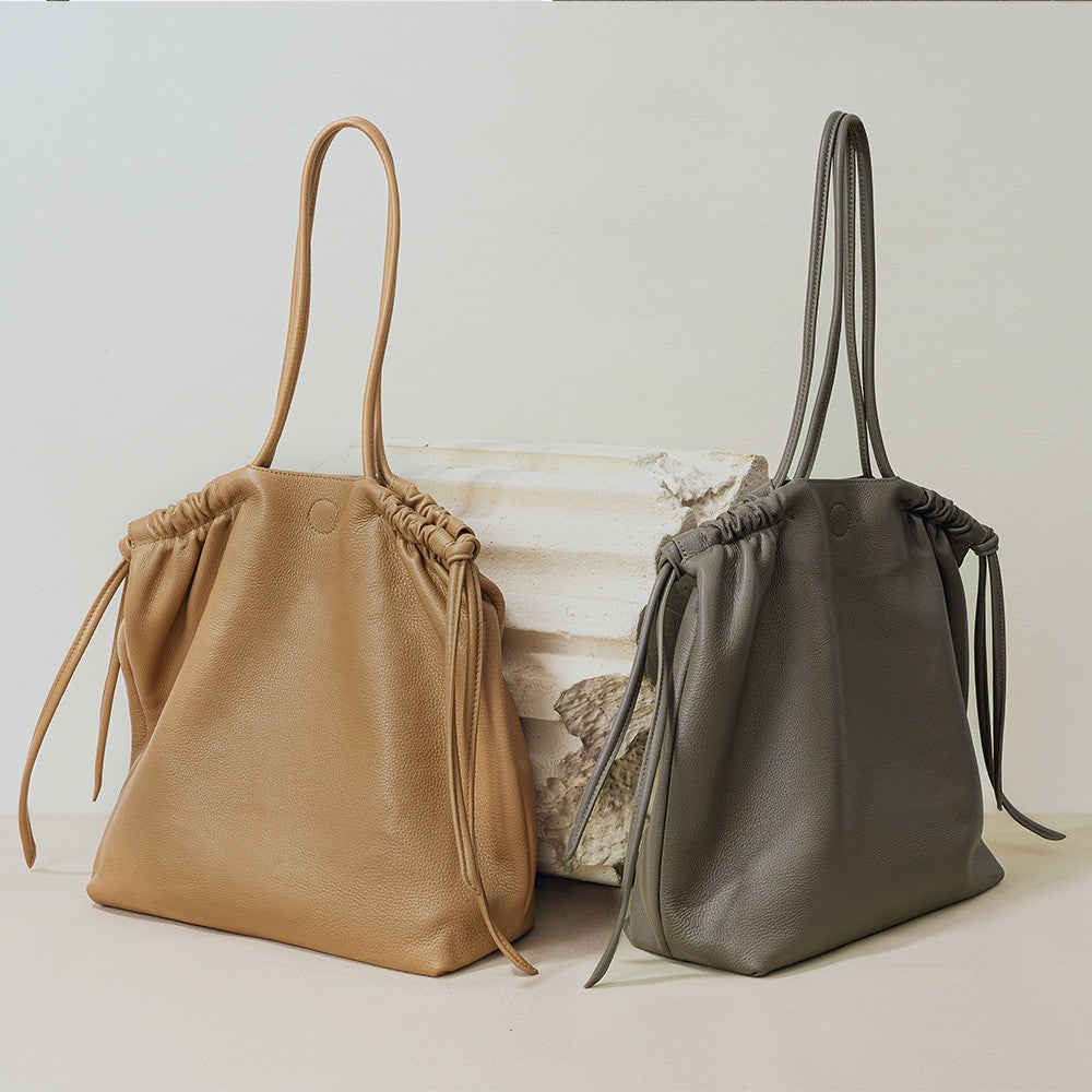 Japanese Inspired Casual One Shoulder Tote Bag Spacious Unique Design for Commuting Genuine Leather with Drawstring Closure