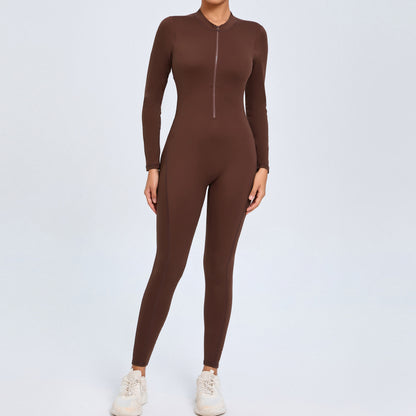 Zip Up Long Sleeve Yoga Jumpsuit for Women Comfortable and Versatile Fitness Bodysuit with Long Pants for Gym and Outdoor Wear