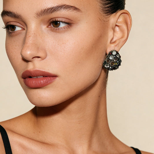 Stylish Geometric Color-Block Full Rhinestone Button Earrings - Elegant Lightweight Luxurious Statement Studs for Every Occasion