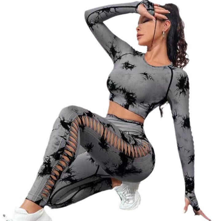 4 Piece Women's Tie Dye Activewear Set Short Sleeve Top Pants and Shorts with Side Cutouts for Outdoor Sports Fitness and Yoga