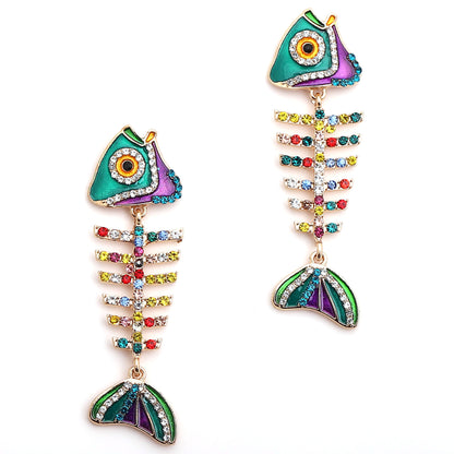 Creative Fish Alloy Rhinestone Women's Earrings - Elegant Metallic Fishbone Drop Earrings - Vintage Statement Jewelry for a Unique Style