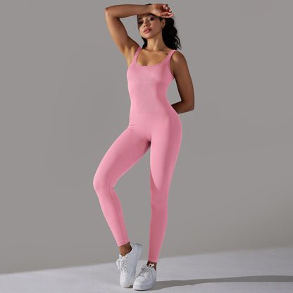 Seamless Knitted Crew Neck Yoga Jumpsuit Ribbed Solid Color Bodysuit for Women Activewear Fitness and Comfort in One