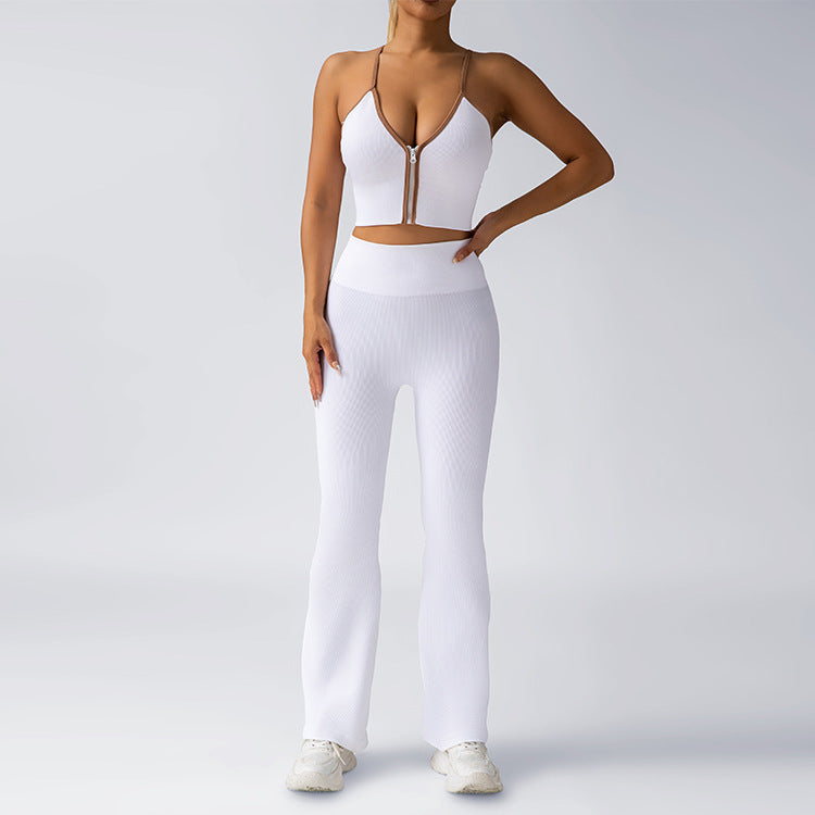 High Waisted Yoga Set with Zippered Flared Pants and Built In Chest Padding for Outdoor Sports Fit and Fashion