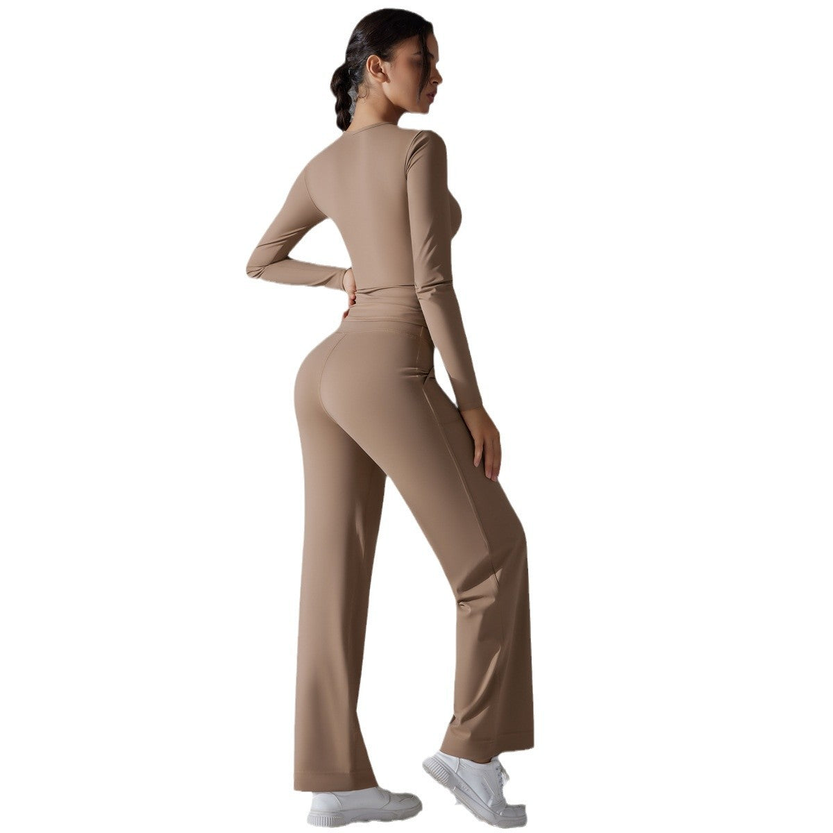 High Waisted Drawstring Butt Lifting Wide Leg Pants Long Sleeve Yoga Top Breathable Quick Dry Outdoor Running Fitness Workout Set