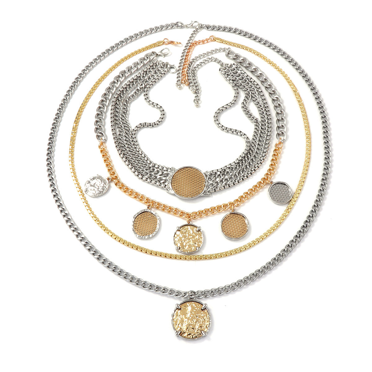 Chic Personalized Luxury Multi-Layer Alloy Chain Necklace with Geometric Badge and Coin Pendant - Modern Statement Jewelry for Unique Style