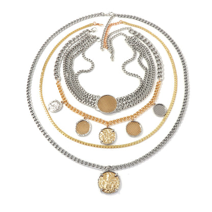 Chic Personalized Luxury Multi-Layer Alloy Chain Necklace with Geometric Badge and Coin Pendant - Modern Statement Jewelry for Unique Style