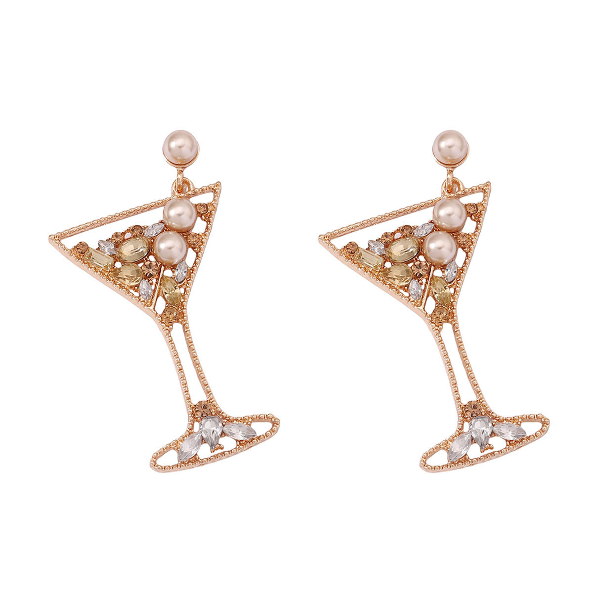 Stunning Pearl-Embellished Hollow Alloy Earrings with Colorful Gemstones - Chic and Versatile Cocktail Glass Series Ear Accessories for Every Occasion