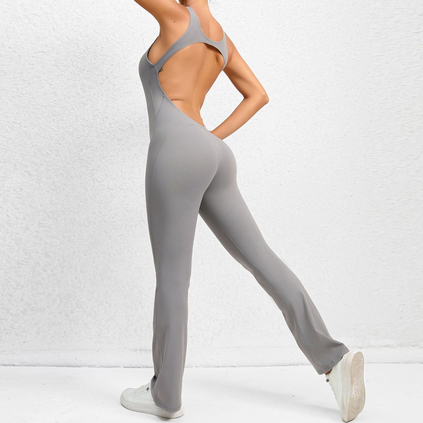 High Performance All in One Bodysuit with Beautiful Back Design Ultra Stretchy Fitness Jumpsuit with Flared Pants for Yoga and Active Wear